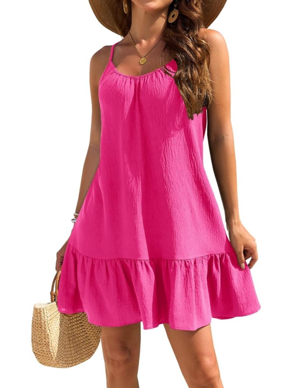 Women's Hot Pink Beach Spaghetti Straps Imported Pull On Swimsuit Cover Ups
